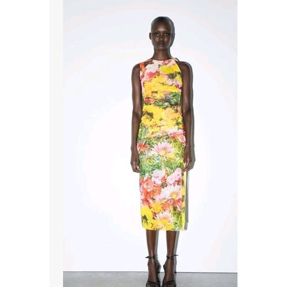 ZARA Bloggers Fave Flower Print Stretch Ruched Side Bodycon Midi Dress Small New - Picture 7 of 10